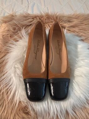 Salvatore Ferragamo Tan Suede Flats with Black Patent Cap-Toe